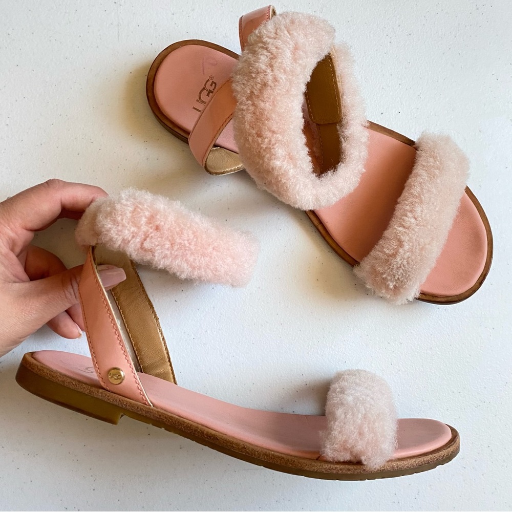 UGG Pink Shearling Double-Strap Slide Sandals
